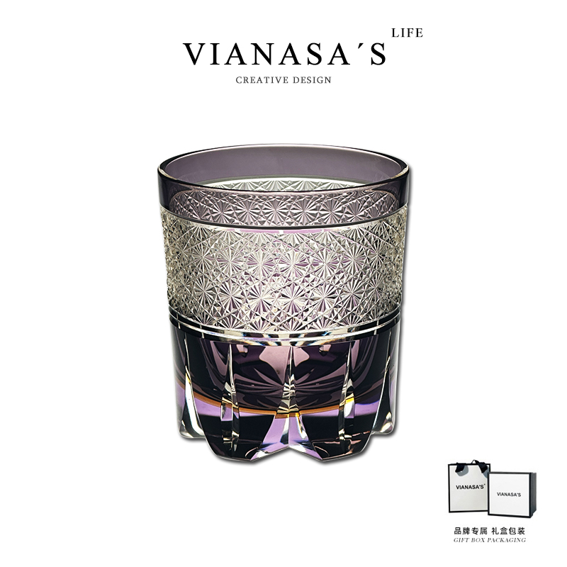 VIANASA'S如梦令江户切子水晶玻璃洛克杯威士忌洋酒杯子手工雕刻