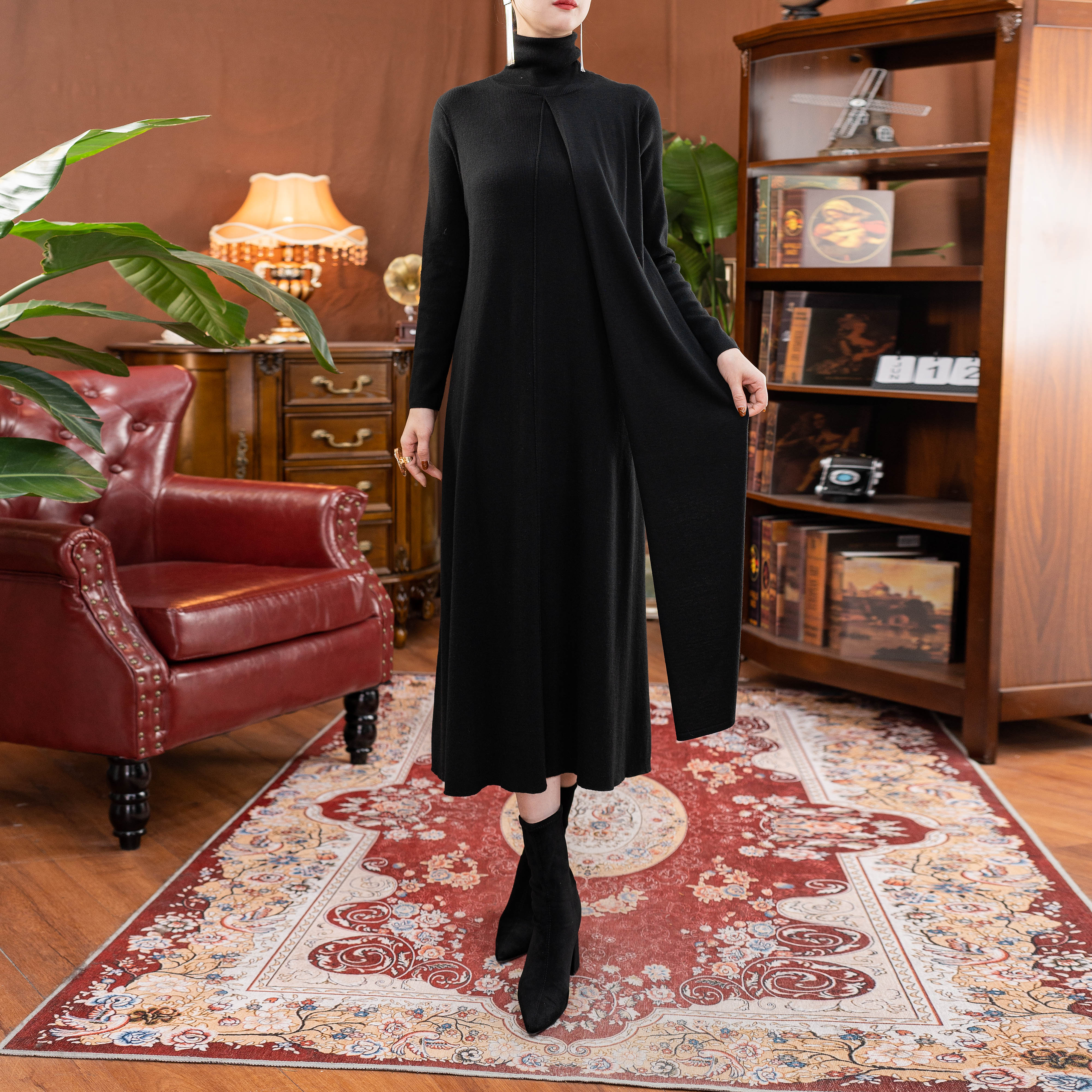 绪调秋冬新中式长款显瘦羊毛连衣裙XD1111D小众