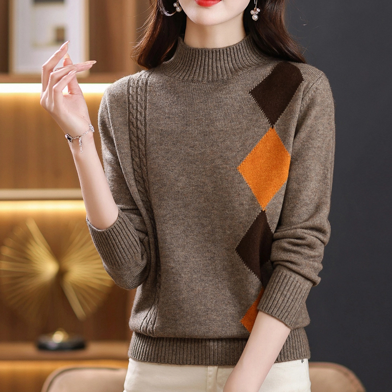 【绵羊毛衫】冬新款女士宽松提花菱形加厚短款套头针织打底衫毛衣