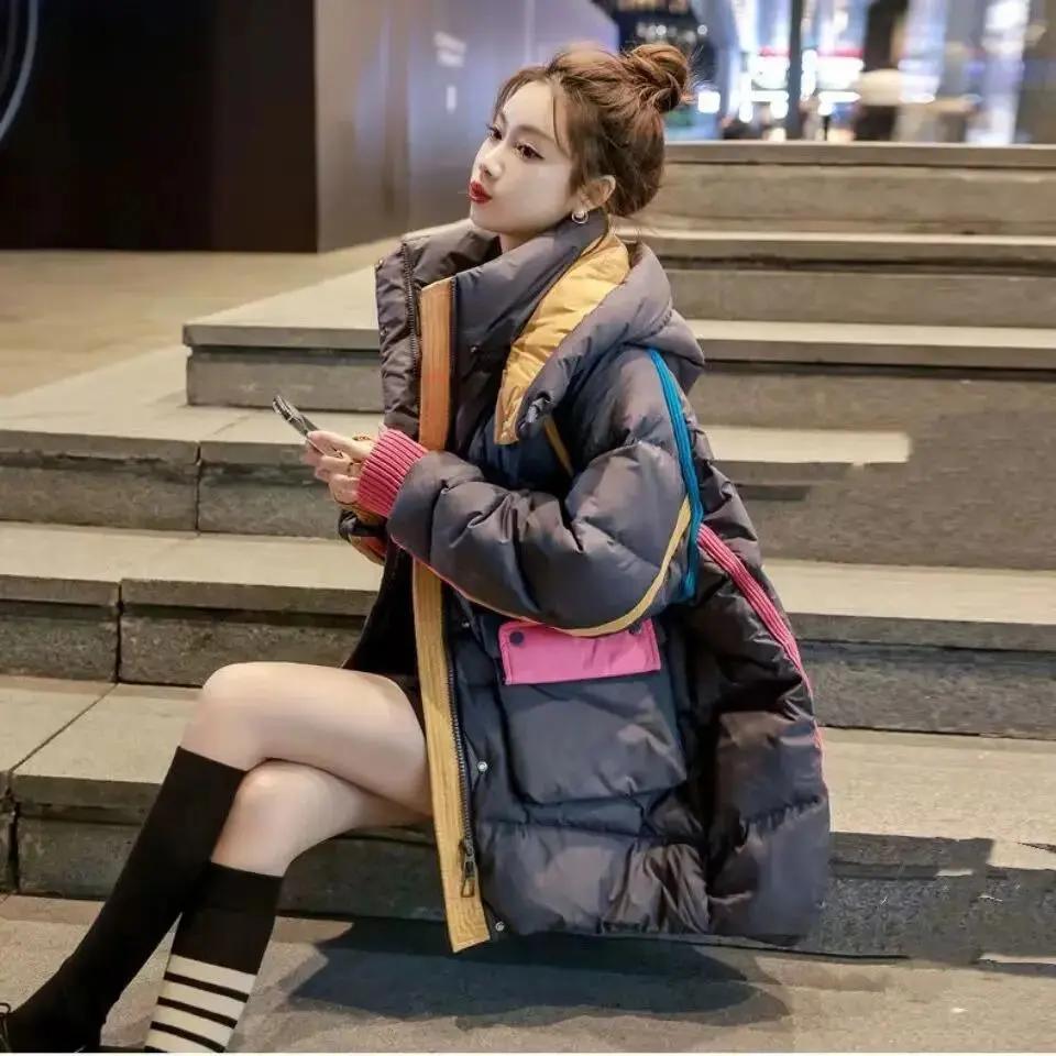 CxcvcK羽绒羽绒服女2023年冬季新款拼色宽松中长款小众设计感加厚