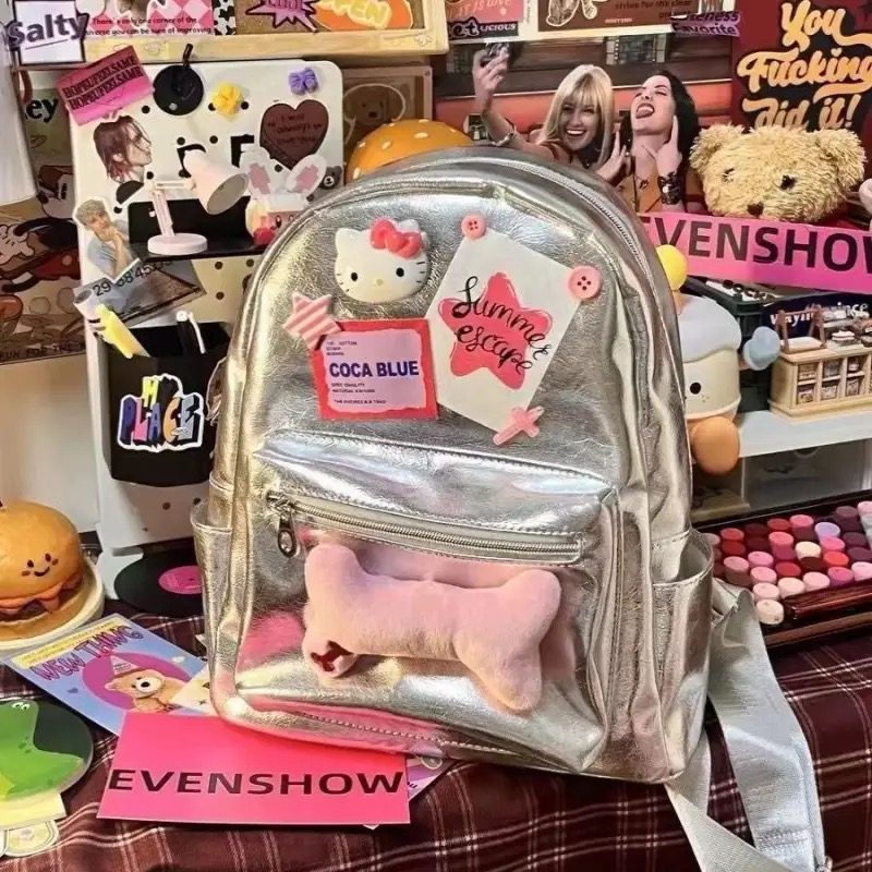 辣妹kitty背包粉色星星骨头双肩包皮质潮流休闲校园背包