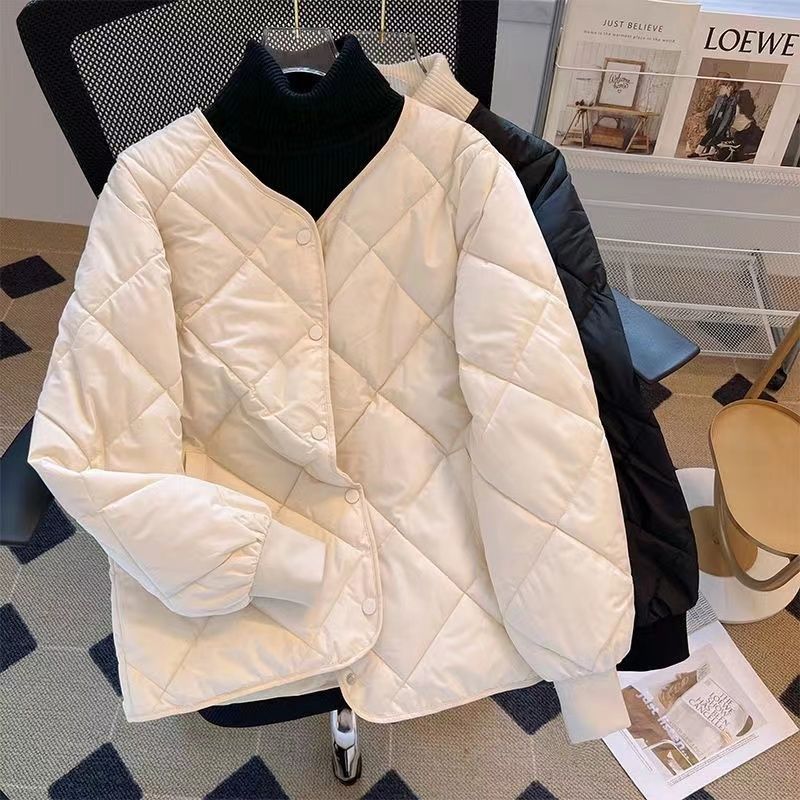 冬季轻薄羽绒服女2023新款韩版百搭轻薄菱形格纹女棉袄外穿保暖