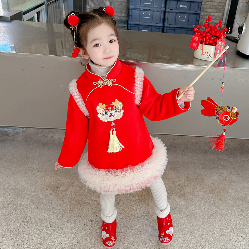 女童汉服旗袍2023冬款儿童喜庆过新年衣服女宝宝中国风洋气拜年服