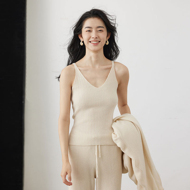 V领吊带修身羊绒背心女竖条百搭针织上衣