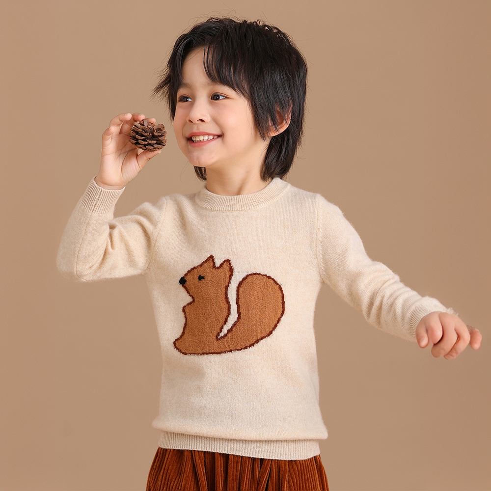儿童纯羊毛衫秋冬圆领男童女童小松鼠百搭保暖休闲亲子装毛衫