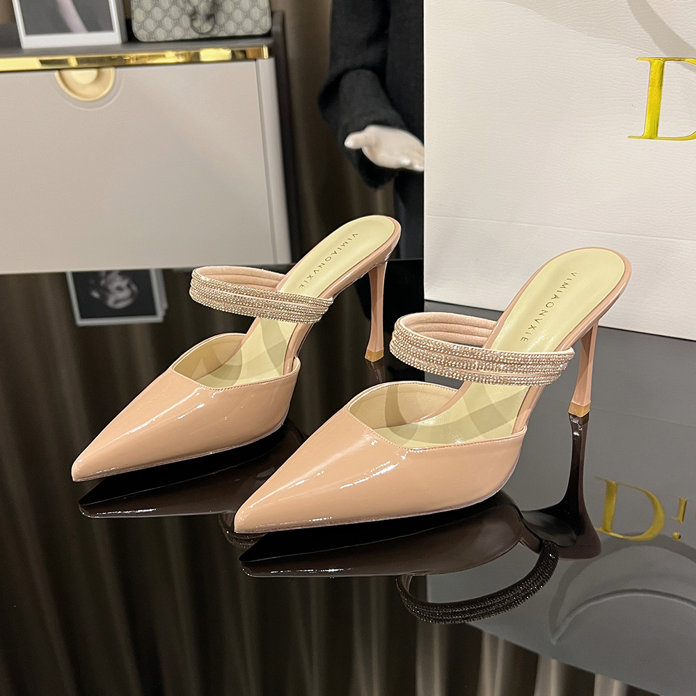 【甘师傅匠心之作】真皮高跟鞋女裸色细跟钻链一字带包头凉鞋网红