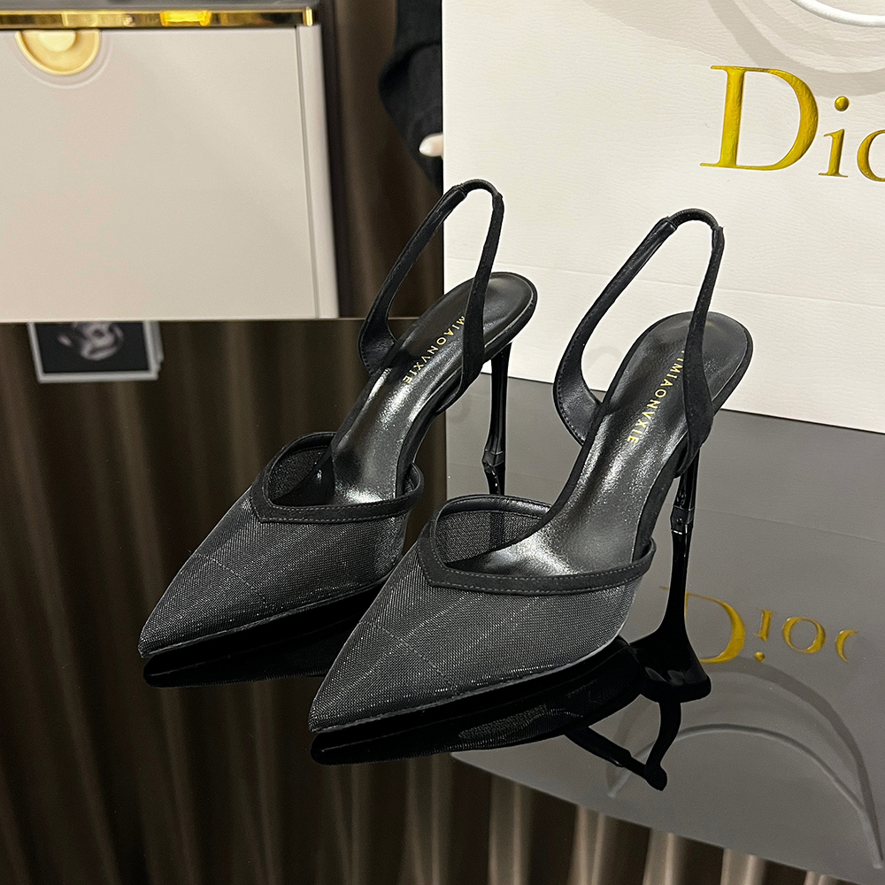 2025夏季新款一字带后空网纱百搭凉鞋女夏细跟尖头网纱性感高跟鞋