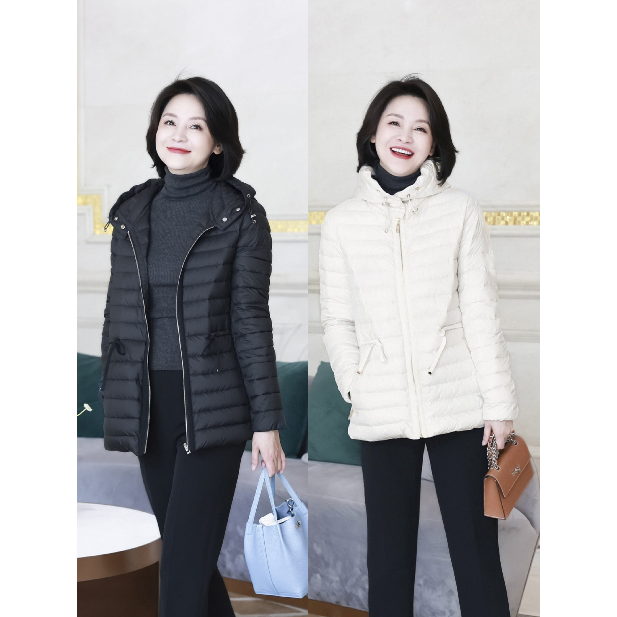 我是摩羯 冬日摩洛哥 排骨2.0腰部抽绳连帽保暖白鹅绒服