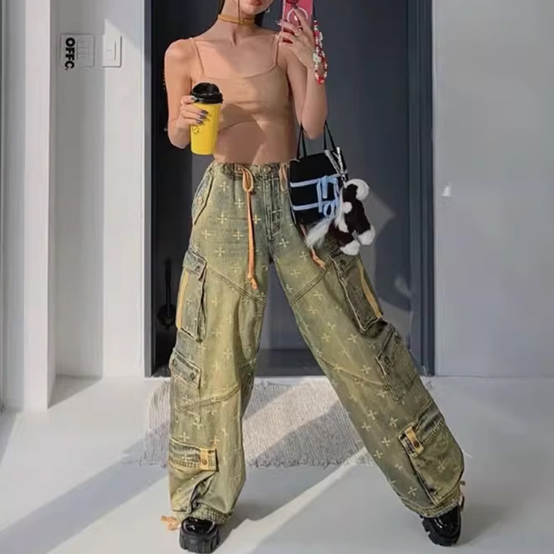 十字花神殿花园牛仔工装多口袋裤重工艺水洗做旧小众复古阔腿长裤