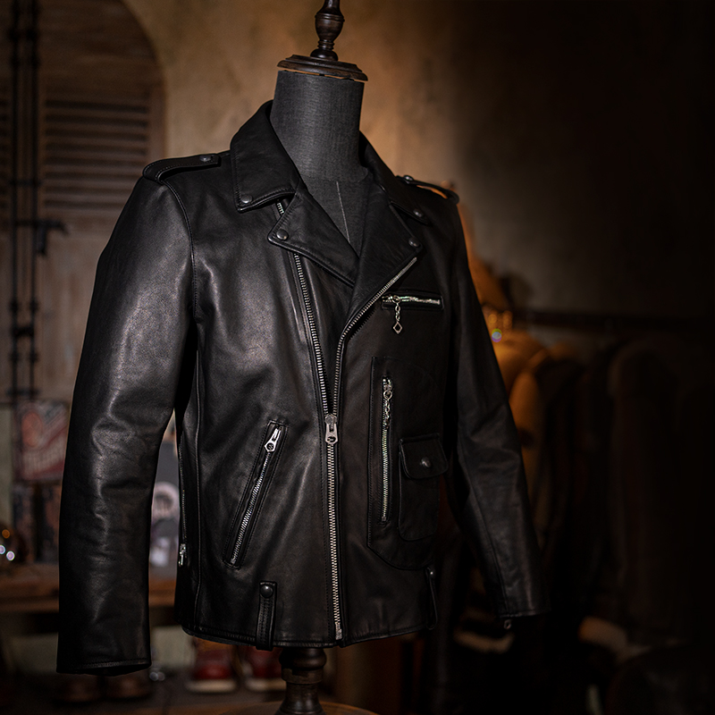 莫臣男装春秋机车皮衣植鞣头层牛皮牛皮真皮皮衣男休闲短款J24