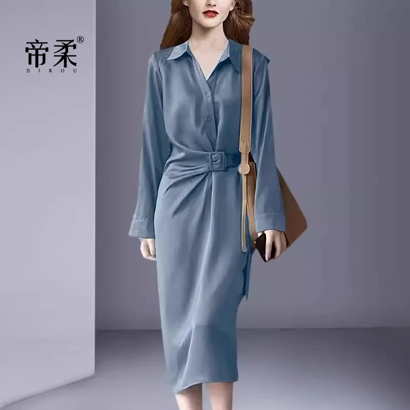 高档气质时尚名媛连衣裙子2025春秋新款简约显瘦收腰中长裙减领潮