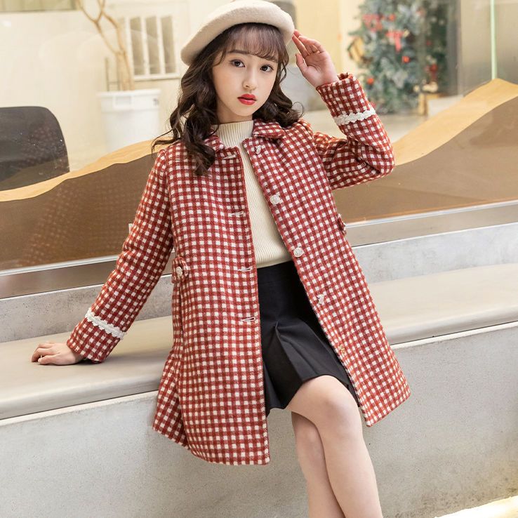 女童外套秋冬新款韩版洋气红色格子中大童呢子大衣加厚夹棉儿童款