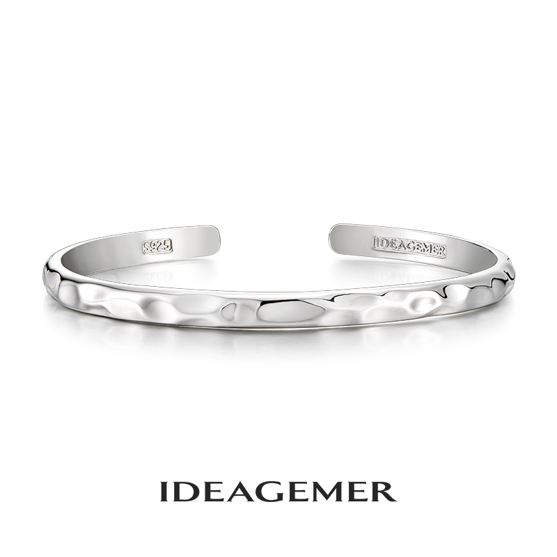 ideagemer 925银手镯 简约锤纹手镯男士原创设计几何高级感