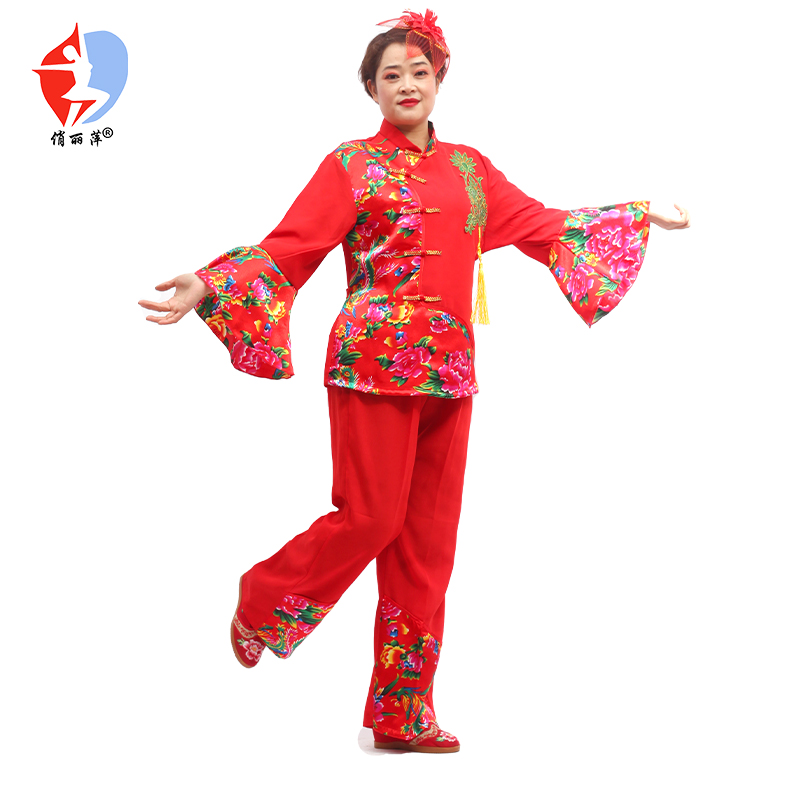 大花布大秧歌服装红色大码中老年秧歌舞广场舞扇子舞台演出服批发