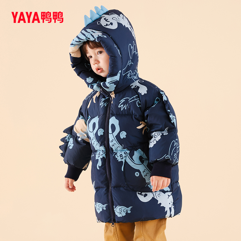 鸭鸭羽绒服儿童女童连帽中长款加厚中大童印花小童冬季秋冬