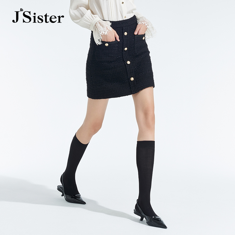 jsister 冬装新款 JS女装时尚黑色流行小香风A字裙S343212142