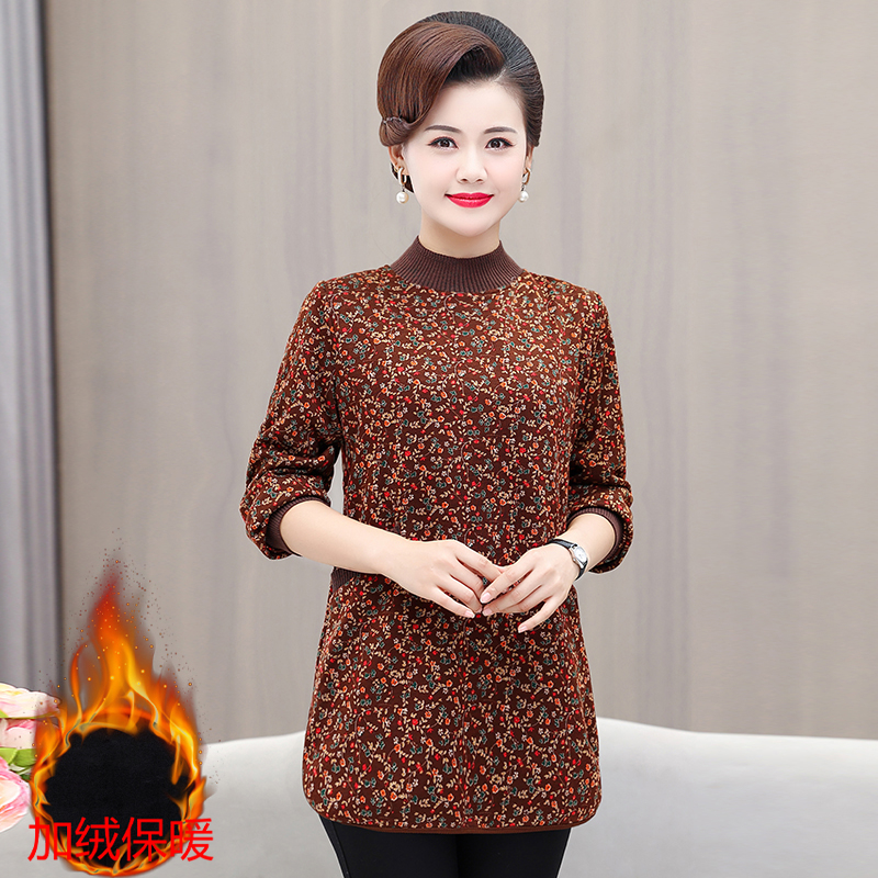 2023秋冬新款加绒加厚打底衫女时尚洋气显瘦中长款妈妈装保暖上衣