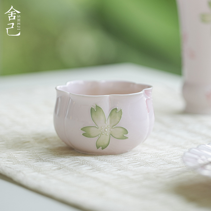 墨己有田烧手绘粉色樱花主人杯陶瓷花口喝茶杯功夫茶具品茗杯