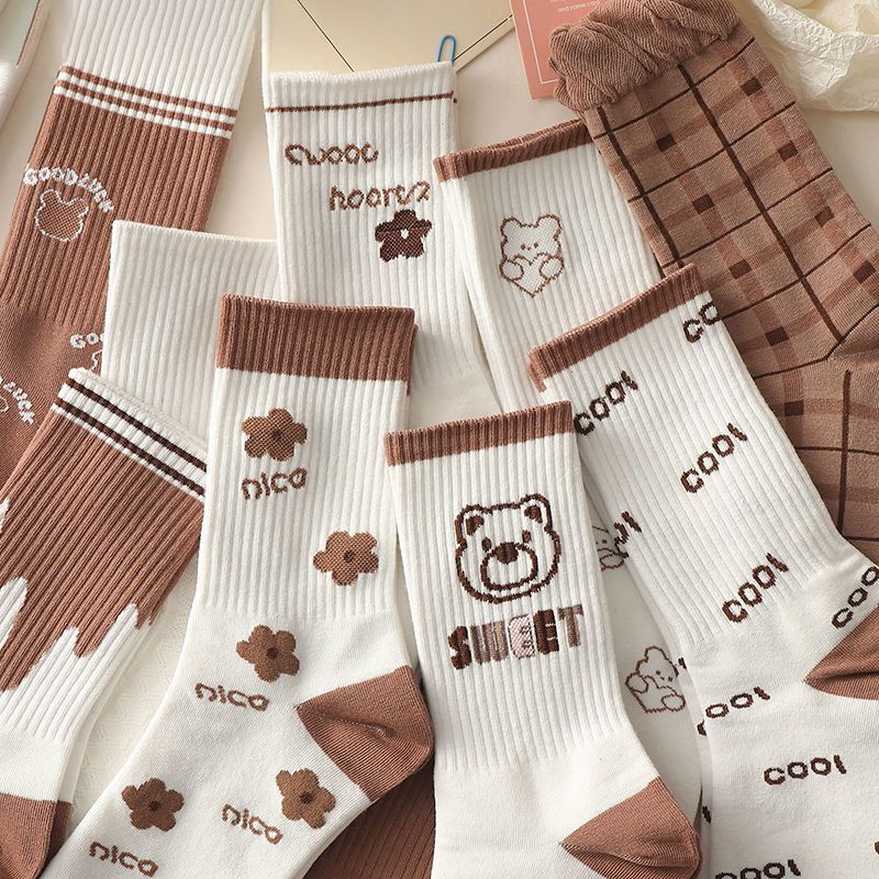 咖色袜子女中筒袜ins潮外穿网红春秋季条纹高腰长袜韩国批发学生