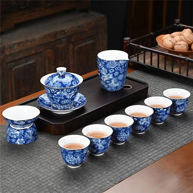 中式泡茶茶具套装青花堆料陶瓷家用简约盖碗杯子茶杯高端高档复古