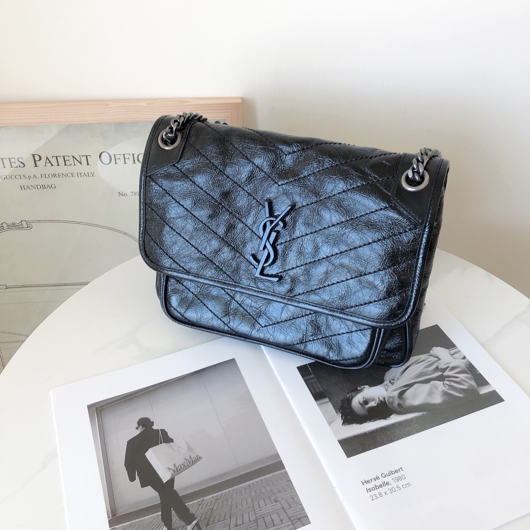 99新 YSL/圣罗兰 niki黑银小号老款 单肩斜挎包/优品