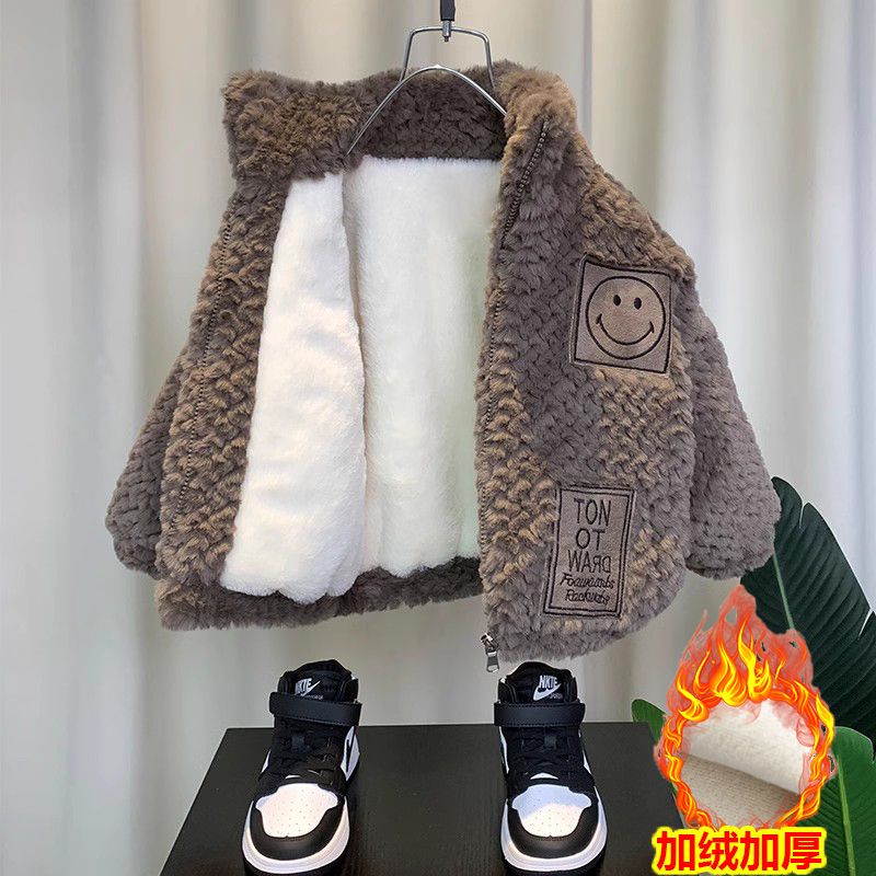 童装男童加绒外套秋冬2023新款加厚帅气男宝宝冬季衣服儿童羊羔绒