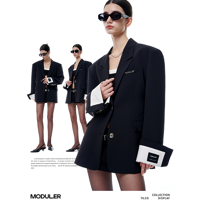 MODULER新款 原创翻袖黑白休闲收腰宽松调节西装 INTO1赞多同款