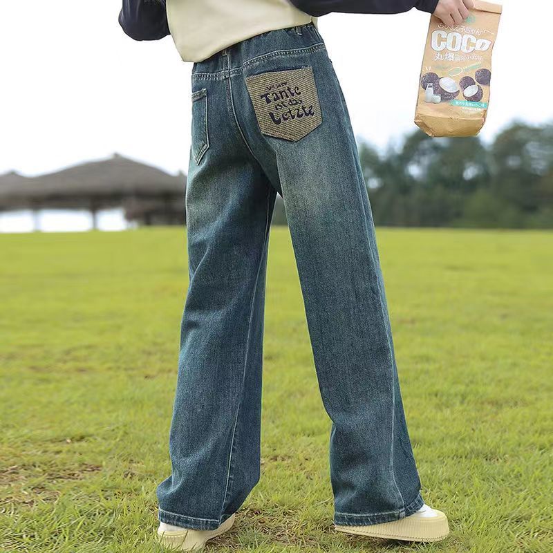 女童牛仔裤秋装2023新款儿童秋季大童加绒长裤春秋冬款女孩直筒裤