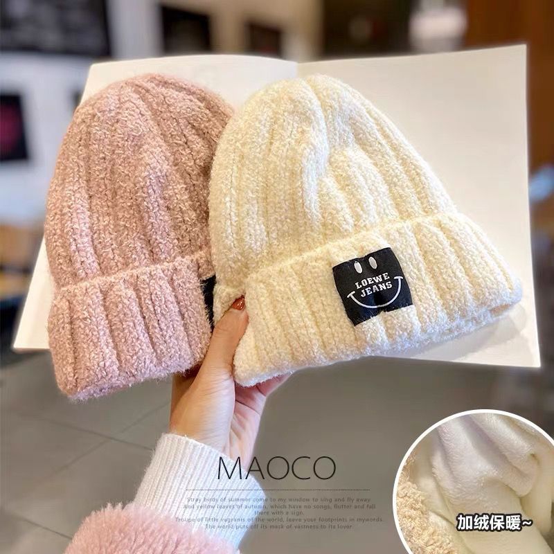 女童加绒加厚毛线帽子韩版加绒保暖糯百搭柔软韩版潮针织毛线帽子