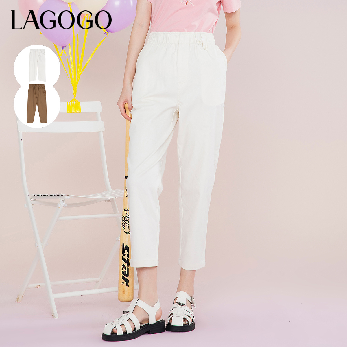 Lagogo新款高腰弹力舒适休闲裤女MAKK535A69