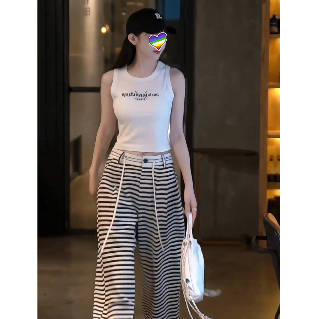 2024夏季修身运动背心无袖上衣+休闲宽松黑白条纹直筒长裤女套装