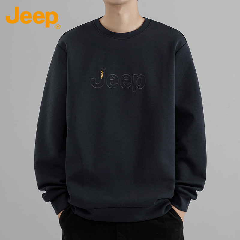 Jeep吉普男士加绒卫衣简约休闲美式运动休闲秋季圆领宽松套头纯色