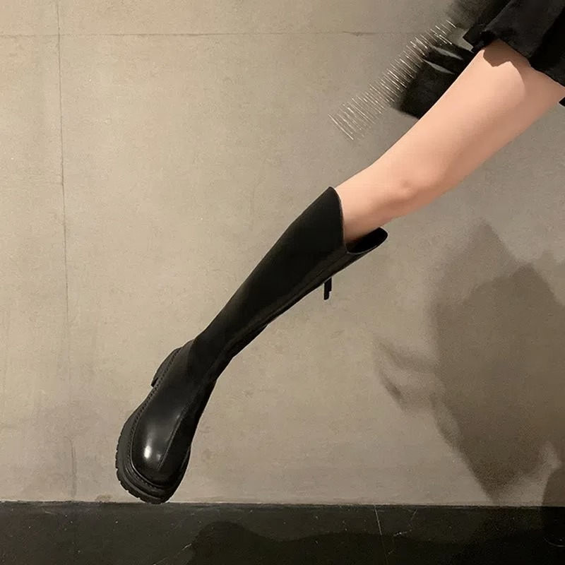 2025新款白色长筒靴女瘦瘦靴显瘦小个子v口骑士靴长靴厚底高筒靴