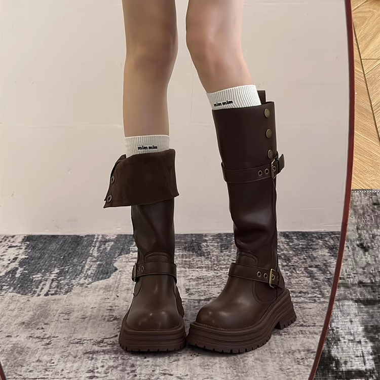 【万达撤柜】复古英伦风厚底长筒靴女2025秋冬季新款高筒显瘦骑士靴