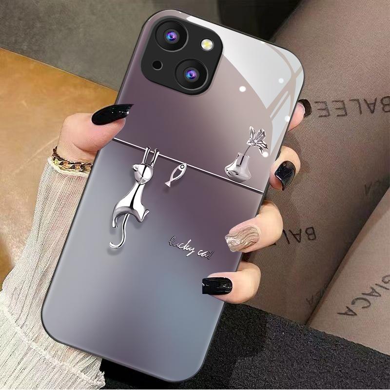 苹果14手机壳iphone14玻璃暗紫猫鱼女款防摔简约创意全包时尚个性
