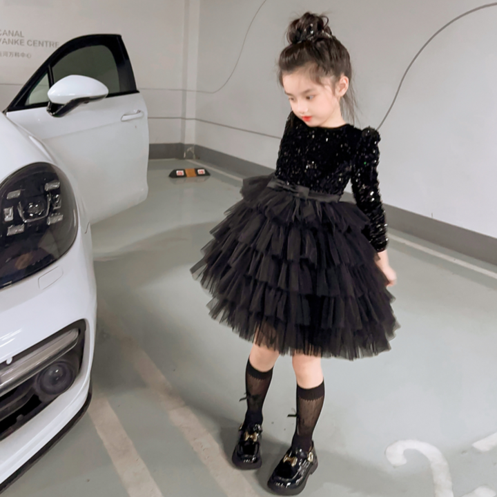 女童秋冬赫本风小黑裙儿童新款蓬蓬纱裙走秀生日钢琴演出服蛋糕裙