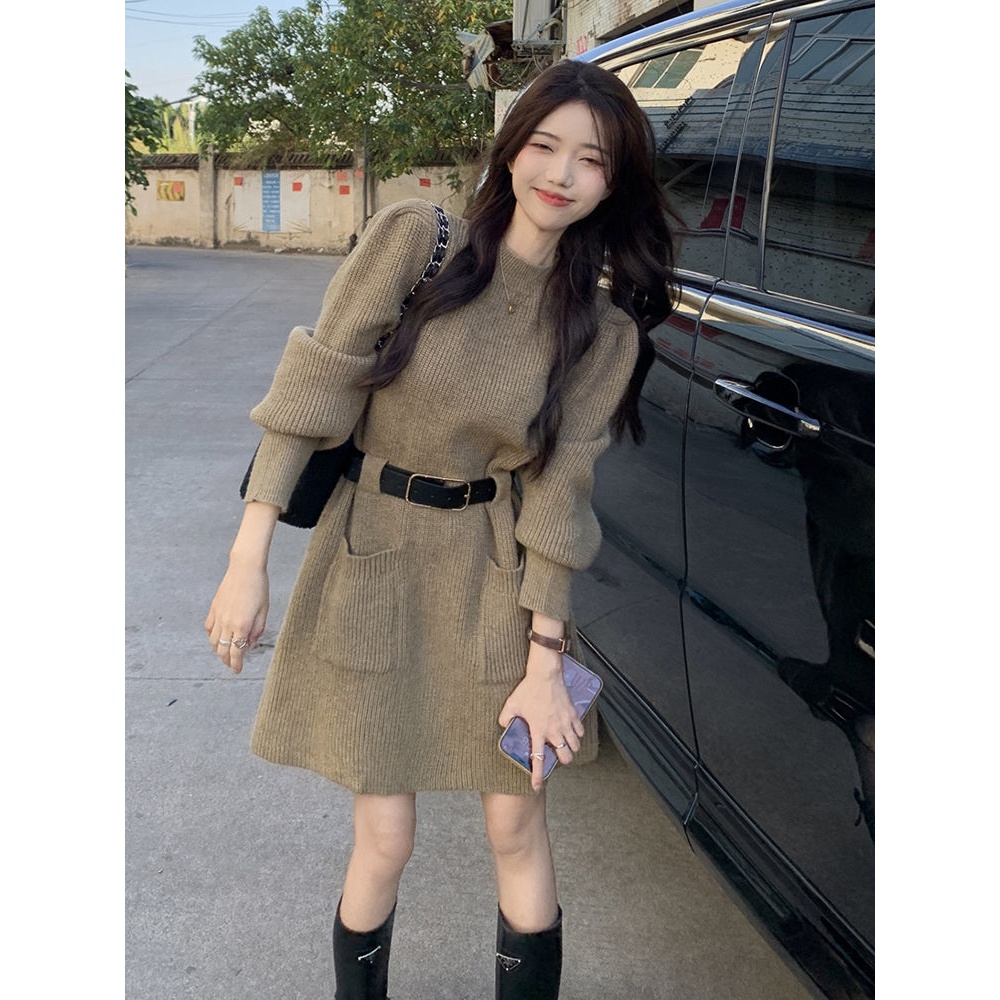 CX气质针织连衣裙2023秋季新款茶歇法式收腰显瘦设计感半身毛衣裙