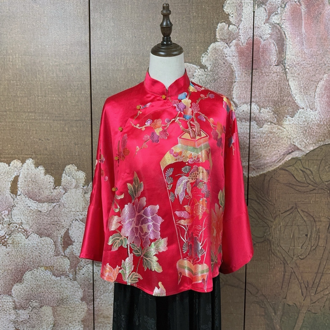 梵心听雨老软缎十二彩短款新中式复古国风短上衣