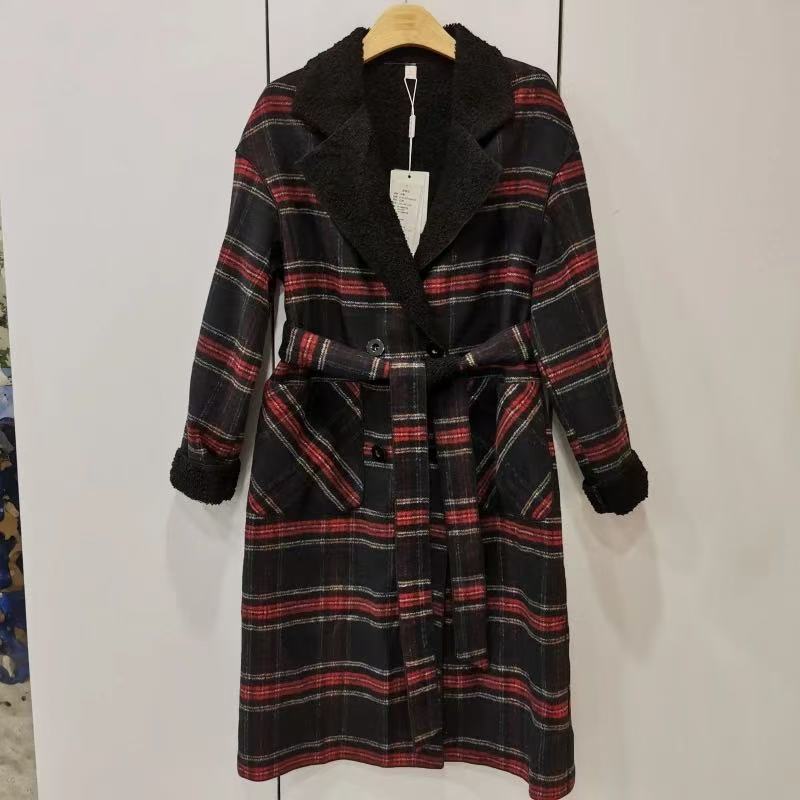 【F935】秋冬格子毛领外套时尚长款外套