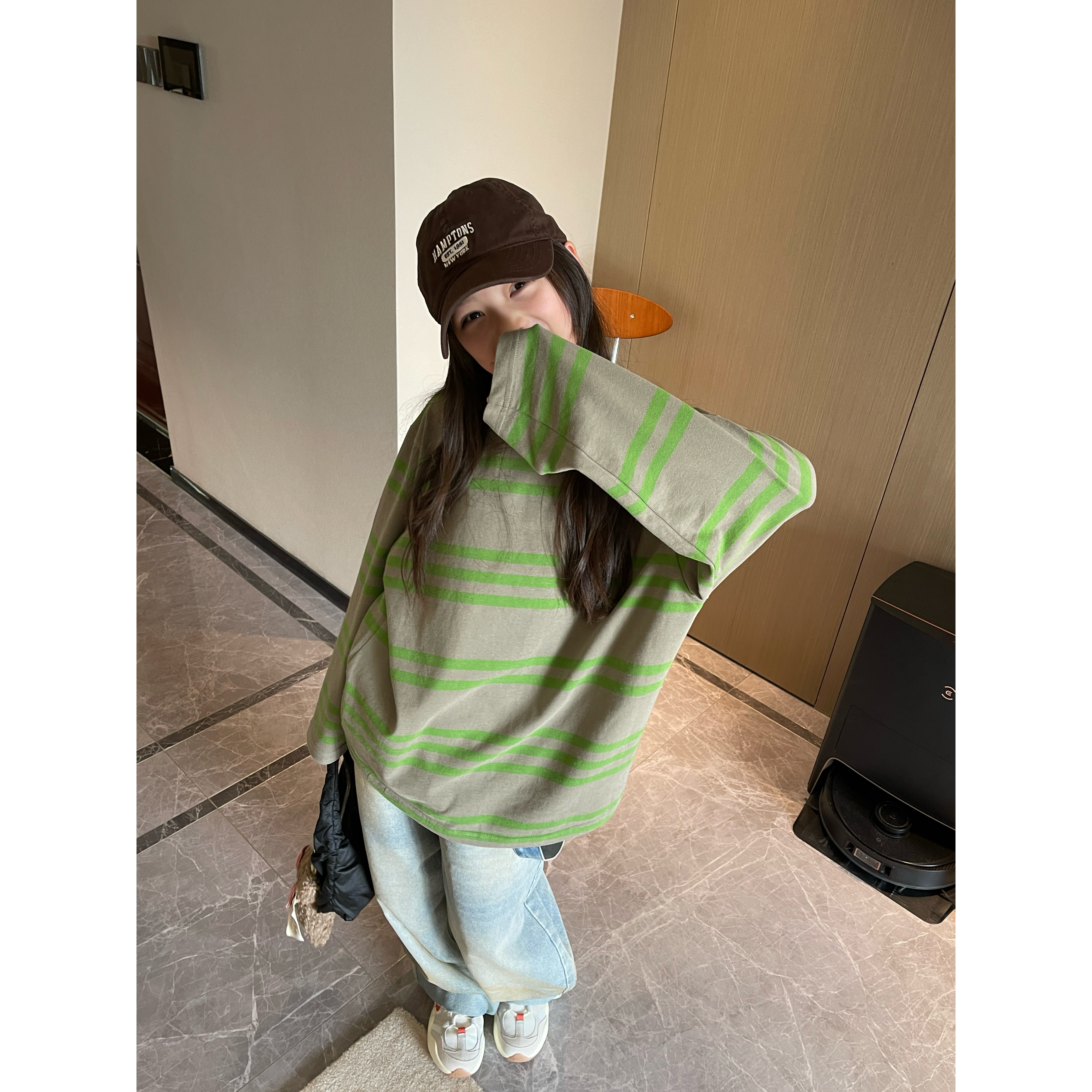 YKS 复古廓形休闲灰绿洗水条纹套头长袖T恤—1717