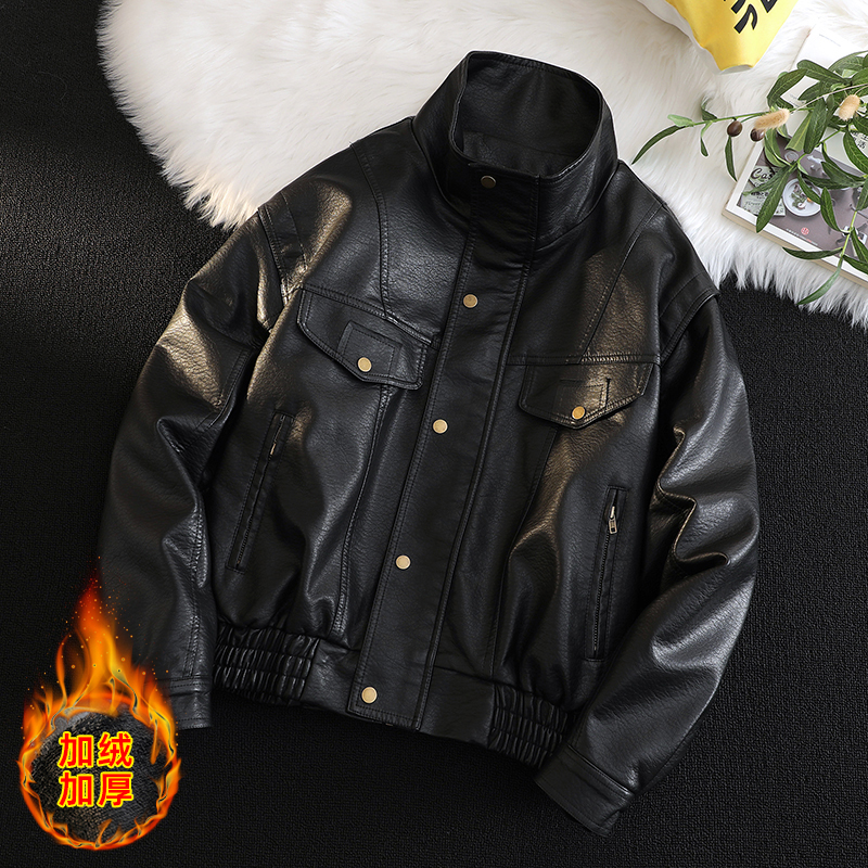 美式秋冬季加绒加厚工装PU棉衣外套男高级感痞帅夹克潮牌皮衣机车