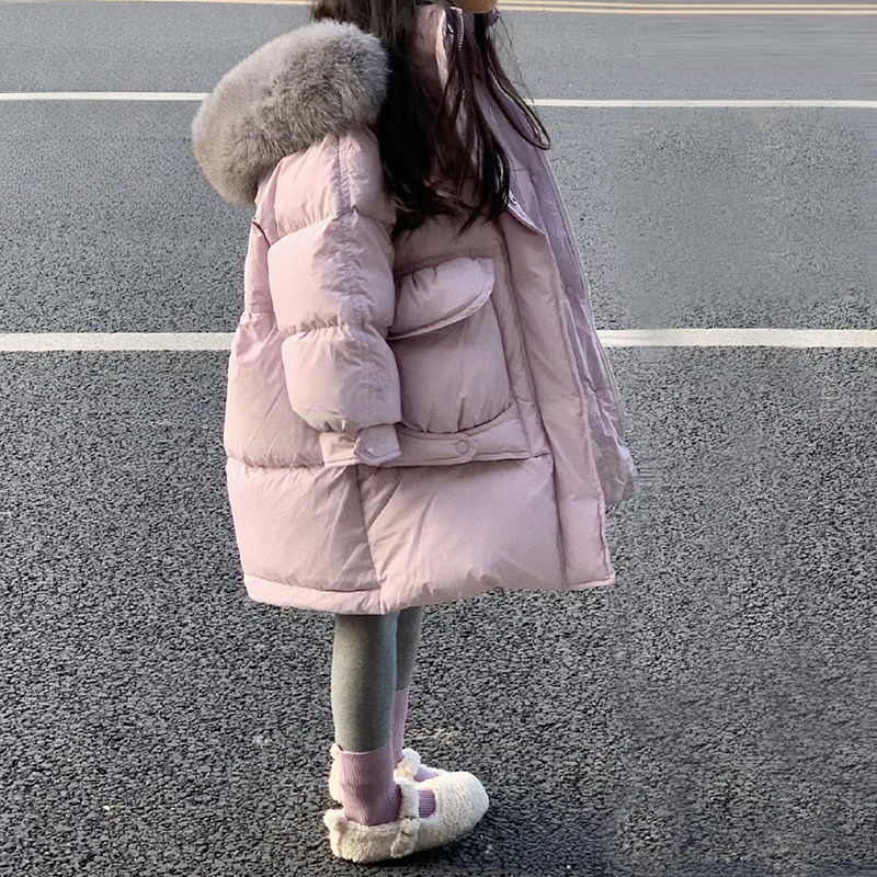 女童洋气大毛领连帽棉服儿童中长款棉衣2023新款加厚保暖外套宽松