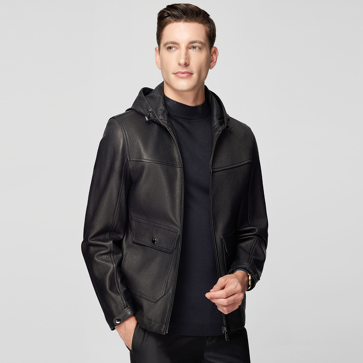 【鹿纹头层山羊皮】秋冬新款真皮防风时尚外套皮衣男商务连帽男士