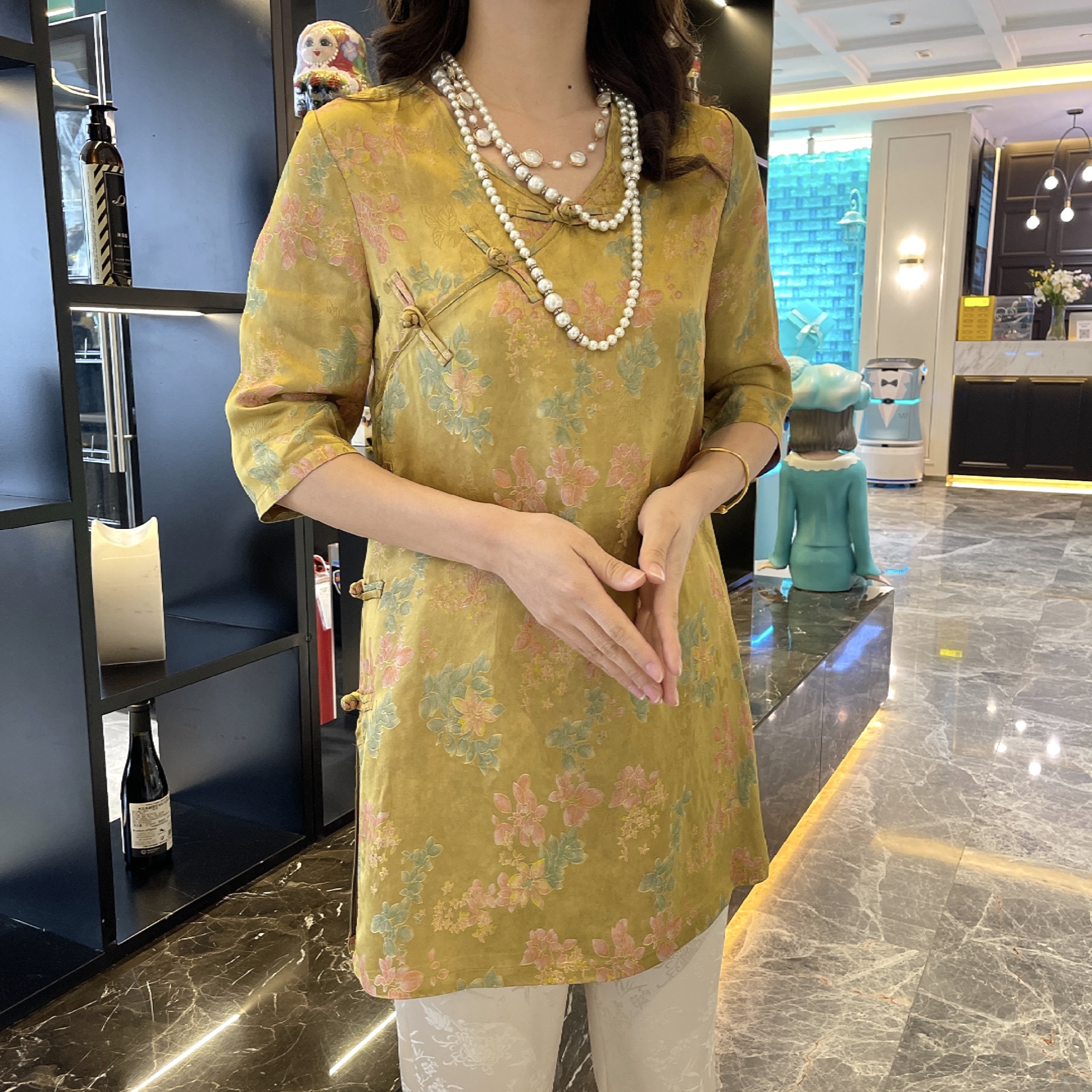 【依美之源】人间富贵花开常在新中式V领短袖上衣