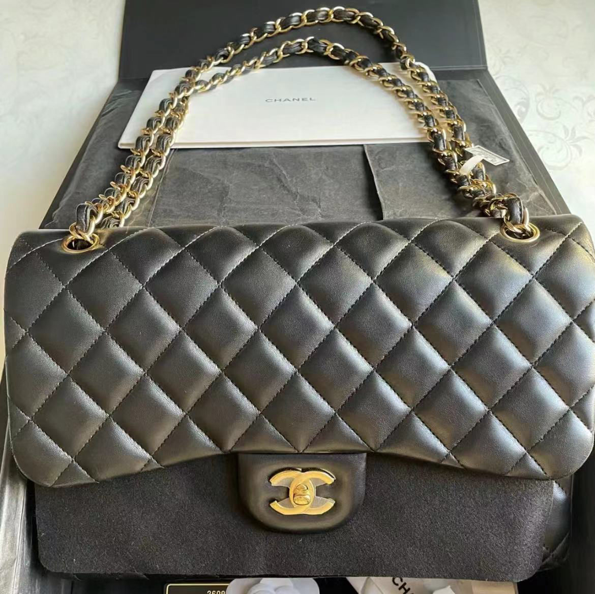 99新 Chanel/香奈儿 3322/黑金光面jumbo/单肩斜挎包/
