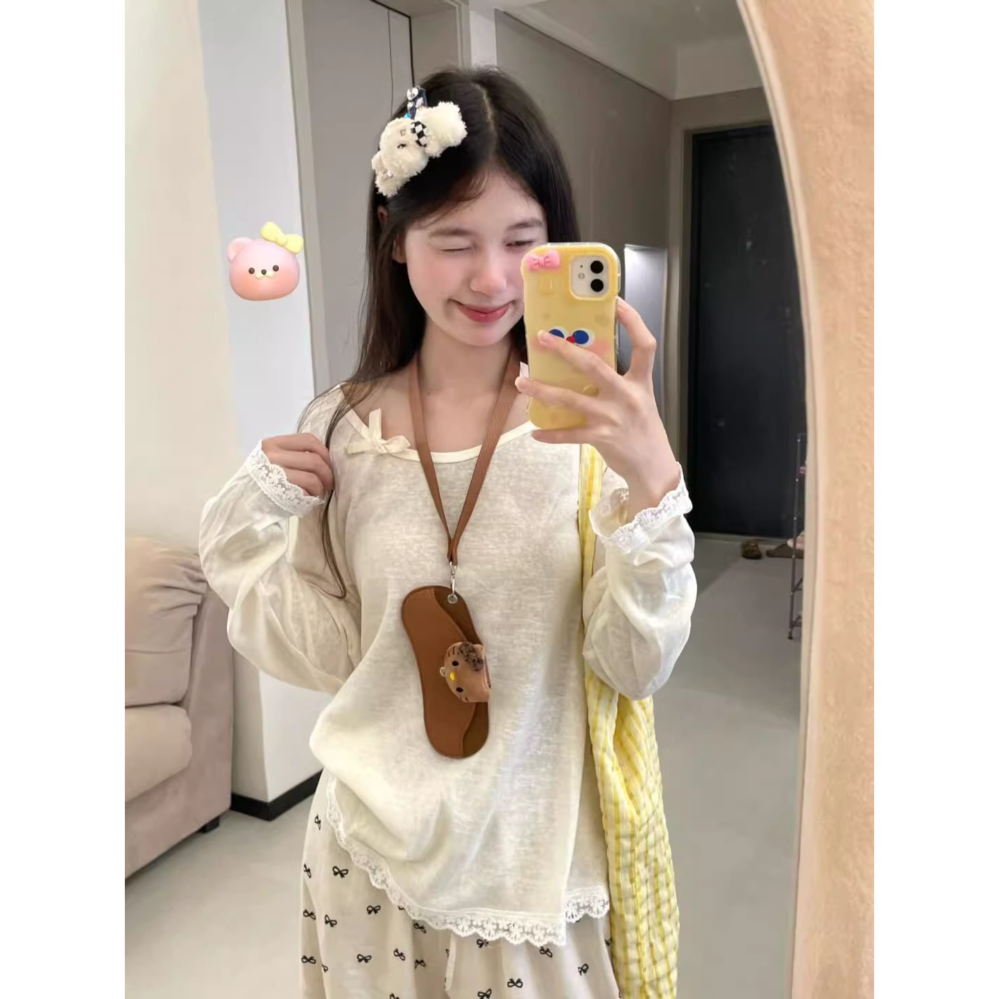 蝴蝶结花边罩衫长袖T恤女设计感小众辣妹上衣蕾丝休闲时尚百搭