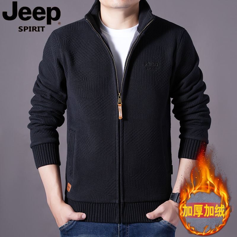 JEEPSPIRIT2024男士开衫针织毛衣宽松休闲加绒加厚保暖外套打底衫