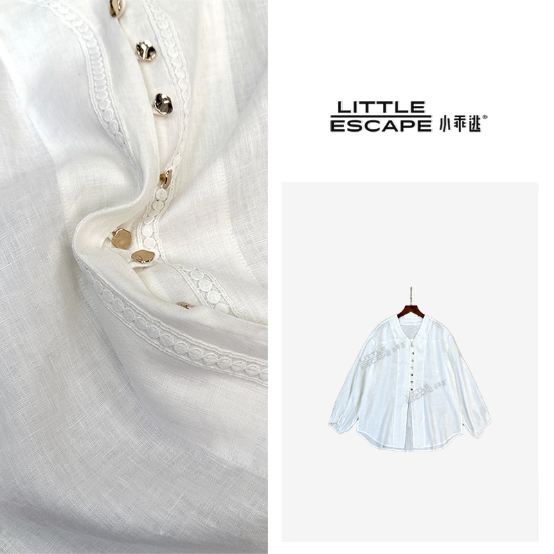 小乖逃D轻奢亚麻七星连珠V领衬衣白色衬衫C101