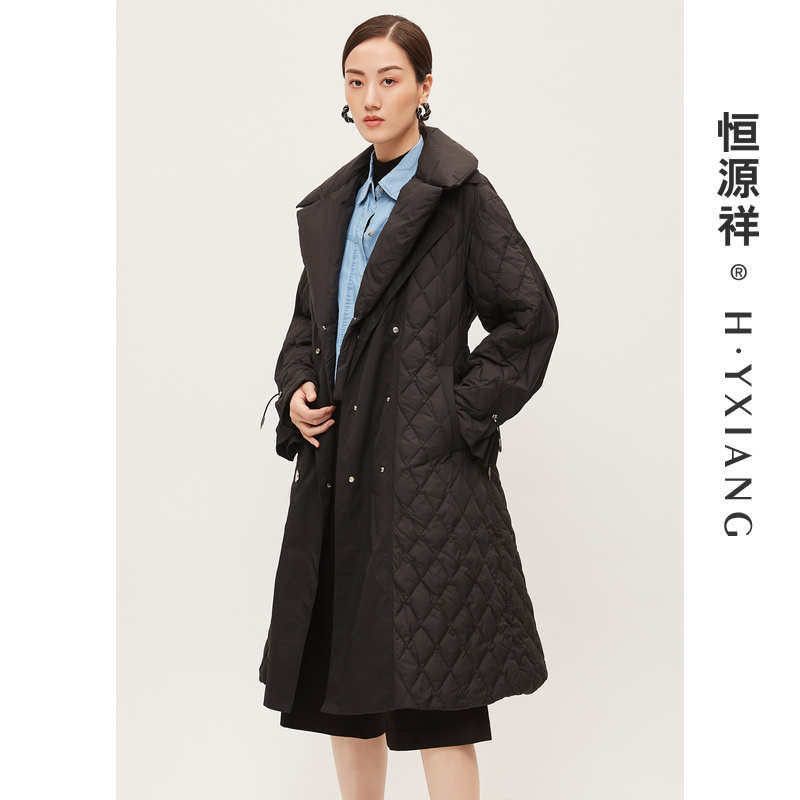 恒源祥双翻领羽绒服女冬季中长款系带气质菱格保暖外套MHLD61006