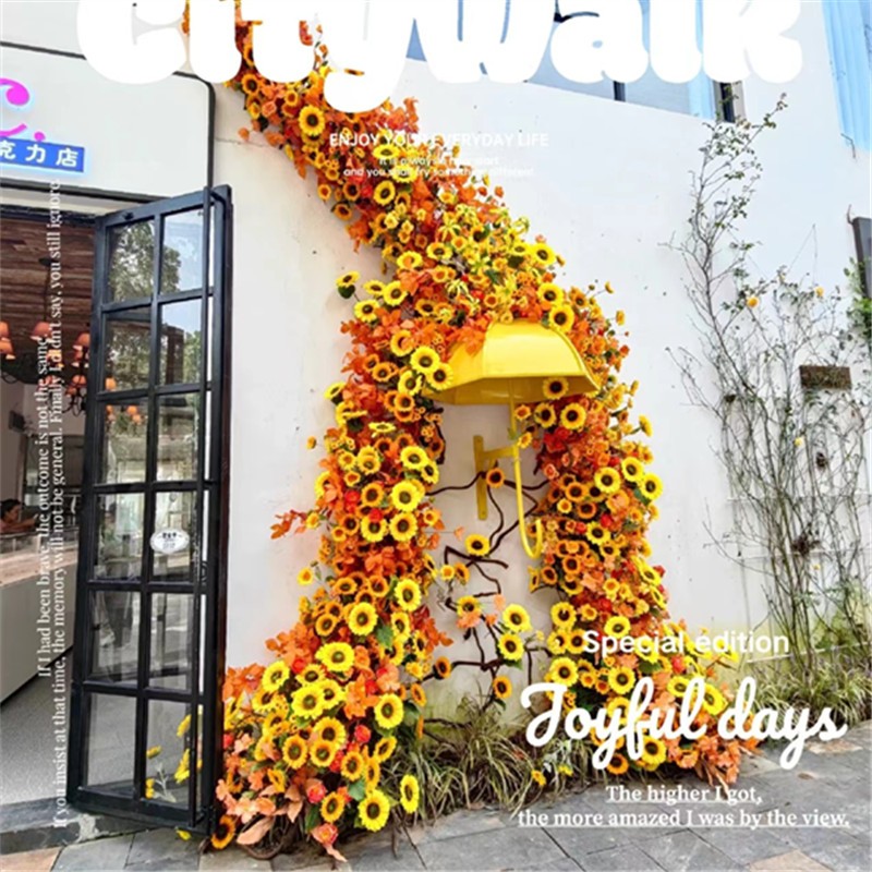 网红花墙莫奈花园向日葵铁艺雨伞玫瑰瀑布节日拍照打卡婚礼背景